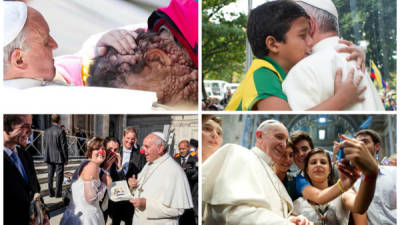 1. El papa Francisco, abraza a una persona enferma en la plaza de San Pedro del Vaticano. 2. El papa con un niño brasileño. 3. El Papa Francisco se puso una nariz roja para homenajear a una pareja de recién casados.4. El papa Francisco se toma un selfie con jóvenes en El Vaticano.