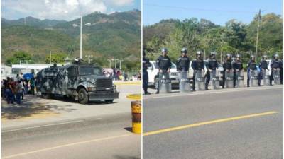 Escuadrones de la Policía Nacional resguardan la parte frontal y las cercanías de 'El Pozo'.