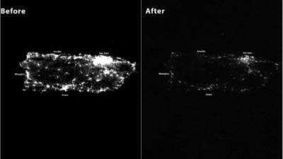 Puerto Rico continúa atravesando una situación sumamente crítica a causa del paso del huracán María que destrozó sus infraestructuras, lo que mantiene a la isla sin prácticamente en oscuridad, como lo muestran estas imágenes de satélite.