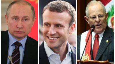 Vladimir Putin, presidente de Rusiam, Emmanuel Macron, presidente de Francia, y Pedro Pablo Kuczynski, presidente de Perú.