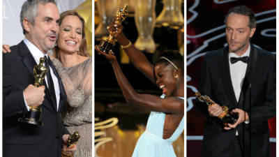 Alfonso Cuarón junto a Angelina Jolie, Lupita Nyong'o y Emmanuel Lubezki.