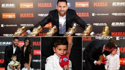 Lionel Messi recibió su sexta Bota de Oro al mejor goleador de las ligas europeas la pasada temporada, en un acto en Barcelona en el que su hijo Mateo se robó el show.