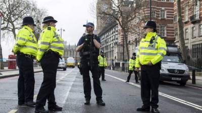 Miembros armados de la policía bloquean el acceso a la calle Whitehall en Londres (Reino Unido), hoy, 23 de marzo. EFE