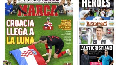 La prensa deportiva de este jueves 12 de julio de 2018 destacan en sus portadas la clasificación de Croacia a la final del Mundial de Rusia 2018 y a Cristiano Ronaldo en la Juventus.