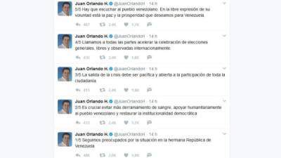 A través de su cuenta en Twitter, el Presidente planteó cinco aspectos sobre la crisis que afecta al país sudamericano.