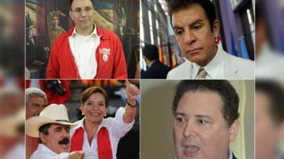 Arriba: Luiz Zelaya, del Partido Liberal y Salvador Nasralla, del PAC; Abajo: Xiomara Castro, junto a su esposo Manuel Zelaya, y Guillermo Valle, del Pinu.