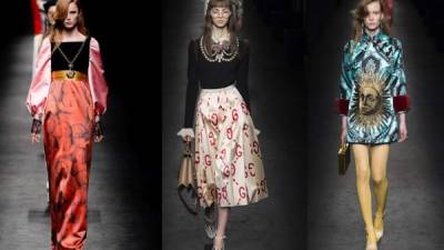 Gucci cubre el pecho con cuellos kimonos, cuadrados o redondos decorados con collares de perlas y broches.