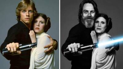 Mark Hamill y Carrie Fisher como Luke Skywalker y la Princesa Leia, 1977 y 2015.