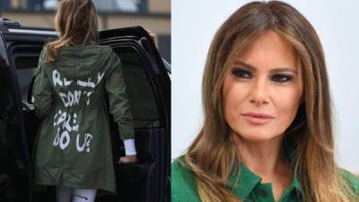 Melania Trump utilizó la chaqueta de camino a ver a niños inmigrantes, aunque se la quitó al bajar del avión y reunirse con ellos. Fotos AFP.