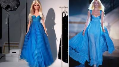 El primer outfit es un diseño azul que llevó en el desfile de la colección otoño-invierno de la firma Versace.