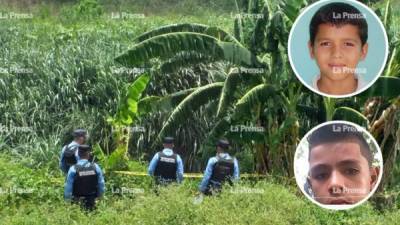 Elementos de la Policía Nacional acordonaron el lugar donde fueron encontrados los cuerpos. En la gráfica la foto en vida de los dos fallecidos proporcionada por los familiares.