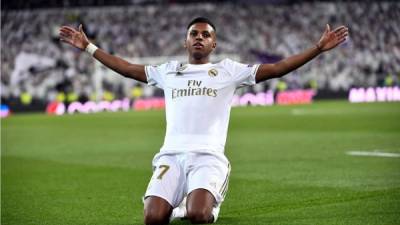 Rodrygo celebrando su primer gol en la Champions League con el Real Madrid. Foto AFP