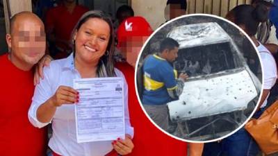 Foto en vida de la candidata a alcaldesa asesinada. Al costado, imagen del vehículo en el que se transportaba.
