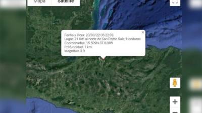 El mapa de monitoreo de sismos muestra la zona donde se registró el movimiento telúrico en Honduras.