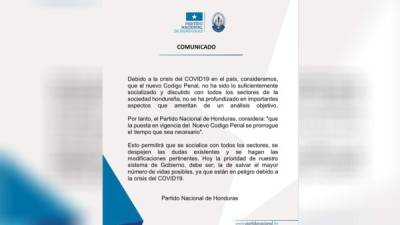 Comunicado del Partido Nacional sobre la vigencia del nuevo Código Penal de Honduras.