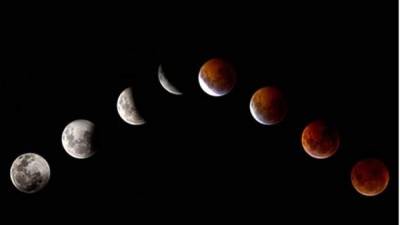 Secuencia que muestra las difrentes etapas por las que atraviesa la luna durante un eclipse.