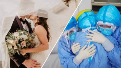 Eder Josue Vasquez Soto (R) and Lilian Claudeth Ochoa Velasquez (L) wear faec masks as they get married in Santa Ana, 20 km south of Tegucigalpa, on October 24, 2020, amid the new coronavirus pandemic. - Weddings, which had been suspended since March due to the COVID-19 pandemic, were resumed in Honduras, where bride and groom are requested to wear face masks, authorities informed Monday. (Photo by Orlando SIERRA / AFP)