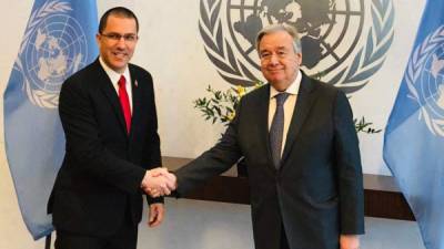 El canciller de Venezuela, Jorge Arreaza, y secretario general de la Organización de las Naciones Unidas (ONU), Antonio Guterres. Foto: Twitter