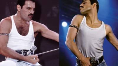 Fotos de Freddie Mercury (i) y Rami Malek (d) caracterizándolo en la pantalla grande.