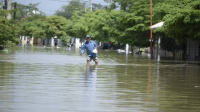 Un hombre camina por una calle inundada tras el paso del huracán María, en Castañuelas (República Dominicana). EFE