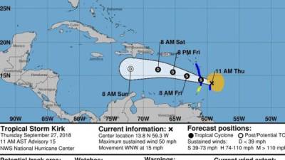 Imagen cedida este jueves por el Centro Nacional de Huracanes (NHC) de EE.UU. en la que se muestra el pronóstico de cinco días de la tormenta tropical Kirk mientras se acerca a las Antillas Menores.