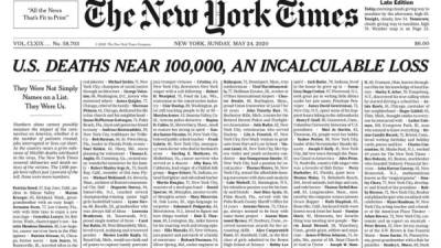 A medida que Estados Unidos se acerca a las 100.000 muertes por coronavirus, The New York Times decidió dedicar su portada de la edición impresa del domingo a rendir homenaje a 1.000 de los fallecidos con un obituario de una línea para cada uno.