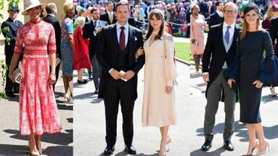 La actriz Gina Torres en rojo;Troian Bellisario y su esposo el protagonista de Suits en un diseño satinado en millennial pink. Finalmente, Sarah Rafferty apostó pon vestido en azul marino con mangas faro decoradas. Fotos Agencia AFP