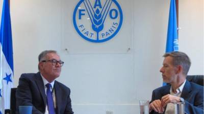 Dennis Latimer, representante de la FAO, y Conor Walsh, representante de CRS para Honduras, suscribieron el acuerdo./