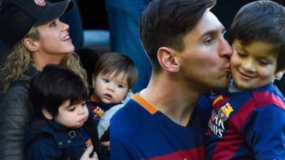 Shakira con sus dos hijos Milan y Sasha. En la otra imagen Messi con su hijo mayor Thiago.