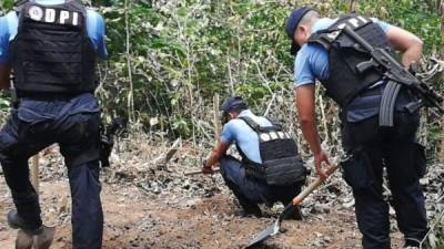 Las autoridades de la Policía Nacional inspeccionan el lugar donde se reportó el hallazgo de restos humanos.
