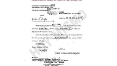 Orden de aceptación de la fianza de Rafael Callejas en Nueva York, EUA.