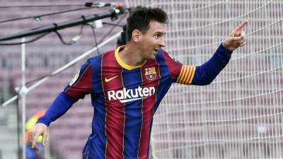 Lionel Messi celebrando su gol número 30 de la Liga Española 2020-2021 contra el Celta. Foto AFP
