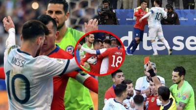 Las imágenes de la pelea que protagonizaron Lionel Messi y Gary Medel en el partido Argentina-Chile por el tercer lugar de la Copa América 2019. Ambos fueron expulsados. Foto AFP y EFE