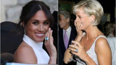 Meghan Markle, al lado la princesa Diana luciendo el mismo anilloa aguamarina.