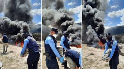 Con presencia de autoridades del Ministerio Público y Medicina Forense, agentes policiales procedieron a incinerar la droga. Fotos: Policía Nacional