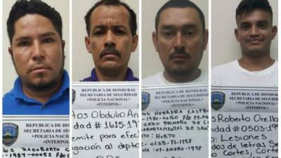 Cuatro de los cinco detenidos presentados por las autoridades. De izquierda a derecha: Carlos Dagoberto Garrido; Santos Obdulio Antunez;Marcos Herrera Castro y Carlos Roberto Orellana.