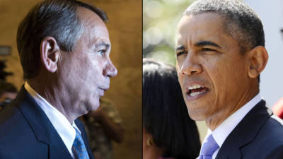 El presidente de la Cámara de Representantes, John Boehner. En la otra foto el mandatario de Estados Unidos, Barack Obama.
