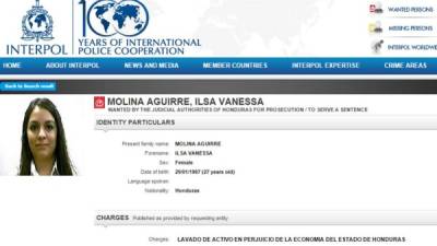 La captura de pantalla de la alerta de la Interpol de Isa Vanessa Molina Aguirre.