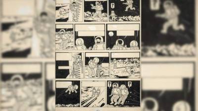Fotografía facilitada por Artcurial del original de una página del álbum de Tintin 'Objetivo Luna' por el que un coleccionista europeo pagó hoy 1,55 millones de euros (1,64 millones de dólares) en una subasta en París, lo que supone un récord para ese personaje de cómic. EFE