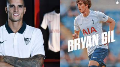 Lamela se unió al Sevlla y Bryan Gil al Tottenham. Fotos Twitter Sevilla y Tottenham.