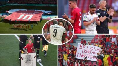 Christian Eriksen fue homenajeado en el partido de su selección Dinamarca contra Bélgica por la Eurocopa 2021. Un emotivo momento se vivió en el estadio Parken de Copenhague. Fotos AFP/EFE