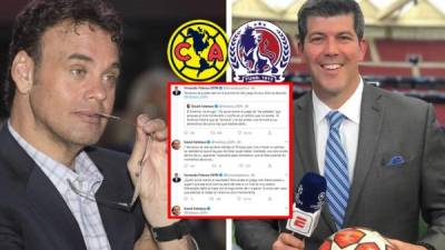 Los conocidos comentaristas de ESPN, David Faitelson y Fernando Palomo, protagonizaron una 'guerra verbal' en las redes sociales en la que el primero defendía el fútbol que presentó el Olimpia y criticaba la imagen del América, mientras que el salvadoreño recriminaba y al final se dijeron asuntos personales.