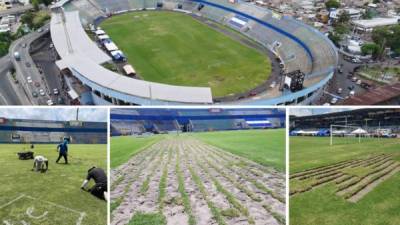 Las autoridades de la Comisión Nacional Pro Instalaciones Deportivas (Conapid) realizan a último momento algunas reparaciones al engramillado del estadio Nacional que por años ha estado en malas condiciones.