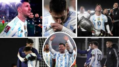 Lionel Messi se mostró muy emocionado, rompió a llorar tras su triplete ante Bolivia en la eliminatoria sudamericana en el estadio Monumental y cantó como nunca en el festejo con la afición por la conquista de la última Copa América. Foto EFE y AFP