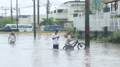 Varios sampedranos con el agua arriba de los tobillos en la 27 calle de San Pedro Sula.