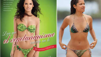 La hondureña Rocsi Díaz aparece en un bikini hecho de coles de Bruselas en la campaña de Peta Latino.