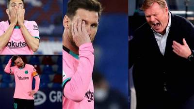 Barcelona cedió un amargo empate de 3-3 ante Levante y dejó escapar la oportunidad de colocarse como líder provisional. Lionel Messi y sus compañeros salieron cabizbajos; mientras que la bronca en Koeman era evidente. Fotos EFE Y AFP.