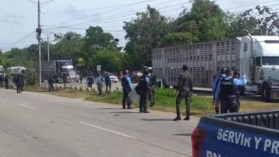 Policías antimotines están listos para desalojar la toma de carretera en Puerto Cortés.