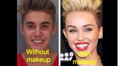 Se hace una comparación de Justin Bieber junto con Miley Cyrus, 'con maquillaje y sin maquille'.