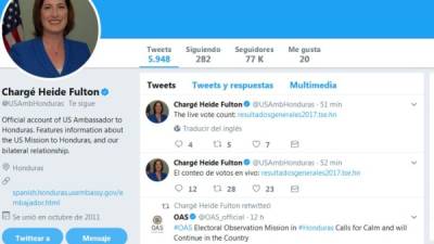 Captura de pantalla del twit de la encargada de Negocios de la Embajada norteamericana, Heide Fulton.